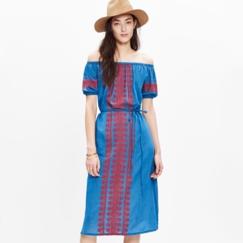 Madewell Embroidered Indigo Mercado Chambray Off Shoulder Dress NO BELT EUC S